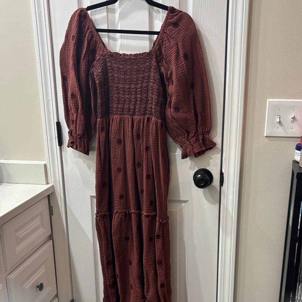 Elegant Burgundy Smocked floral Dress